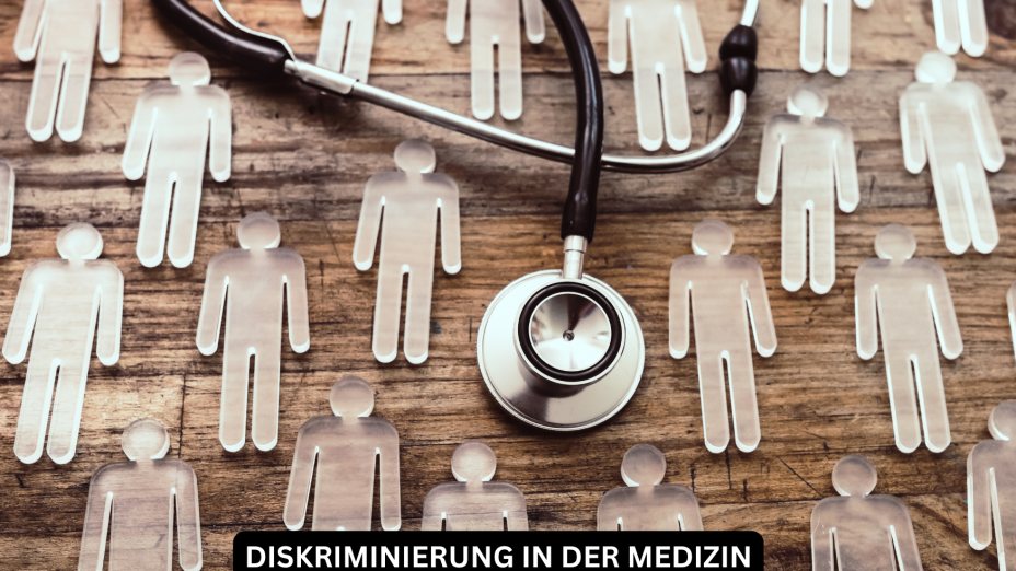 Diskriminierung in der Medizin.
Auf einer braunen Holzplatte liegen viele durchsichtige Personenfiguren. Darüber gelegt ist ein Stethoskop. 